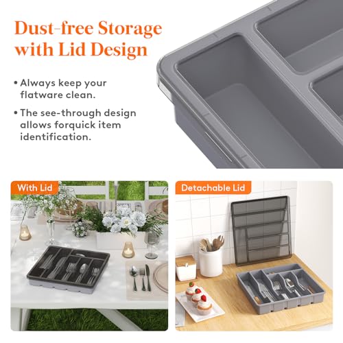 Lifewit Silverware Organizer with Lid, Covered Utensil Tray for Kitchen Drawer and Countertop, Plastic Cutlery and Flatware Storage Box for Spoons Forks Knives Holder Case, 6 Compartments, Gray - Image 2