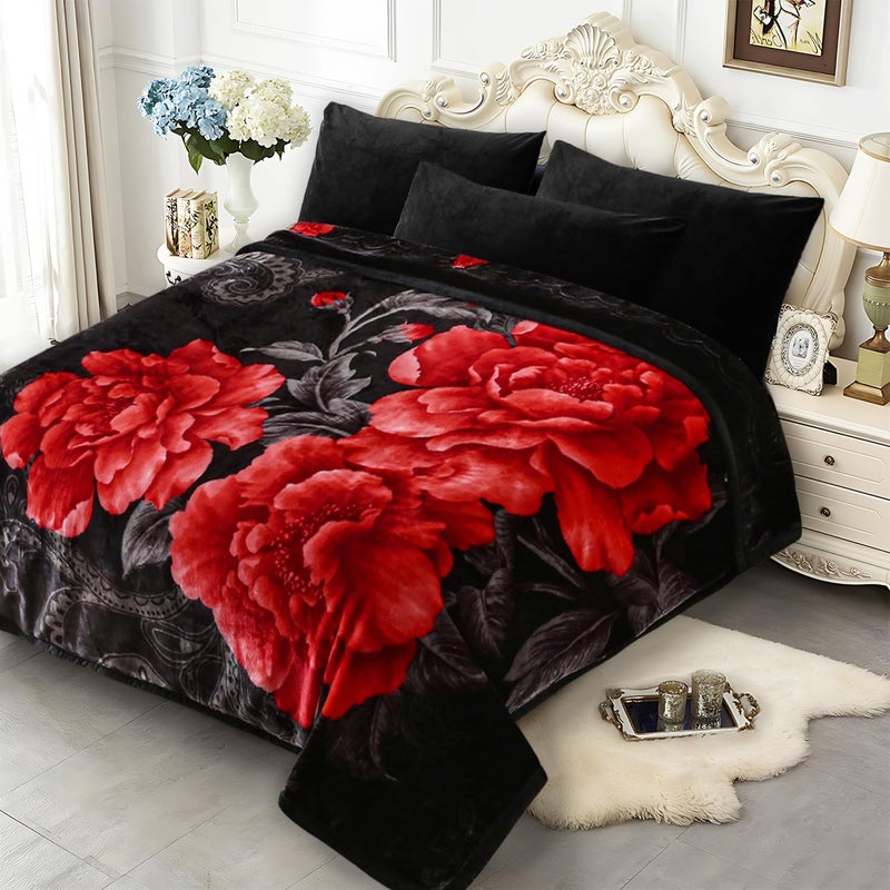 JYK Soft Blanket Korean Mink Blanket, 5.7 LB Fleece Blanket King 83'' x 91'' - 2 Ply Reversible 520GSM Super Soft Plush, Medium Thick, Warm Bed Blanket for Autumn Winter - Peony/Rose - Image 2
