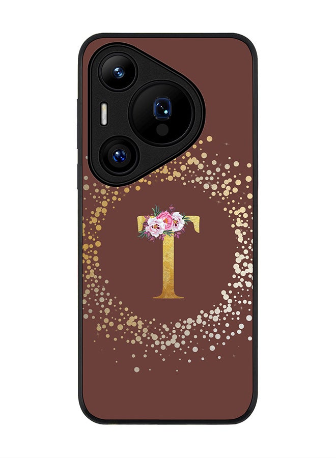 Stylizedd Rugged Black edge case for Huawei Pura 70, Slim fit Case Flexible Cover - Custom Monogram Initial Letter Floral Pattern Alphabet - T (Brown ) - Image 1