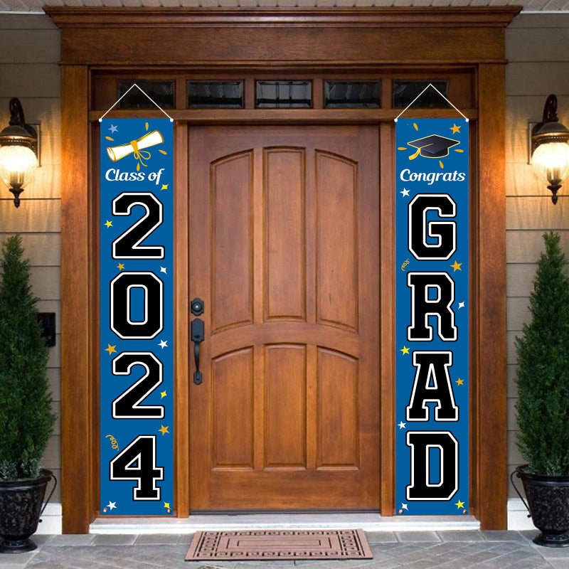 KMUYSL Graduation Decorations Class of 2024  Graduation Party Decorations 2024  Blue & Black Congrats Grad Banner Hanging Flags Porch Sign for Any School Indoor/Outdoor Decor - Image 1