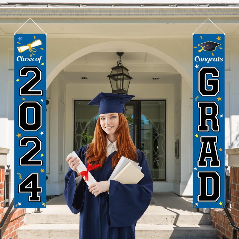 KMUYSL Graduation Decorations Class of 2024  Graduation Party Decorations 2024  Blue & Black Congrats Grad Banner Hanging Flags Porch Sign for Any School Indoor/Outdoor Decor - Image 2