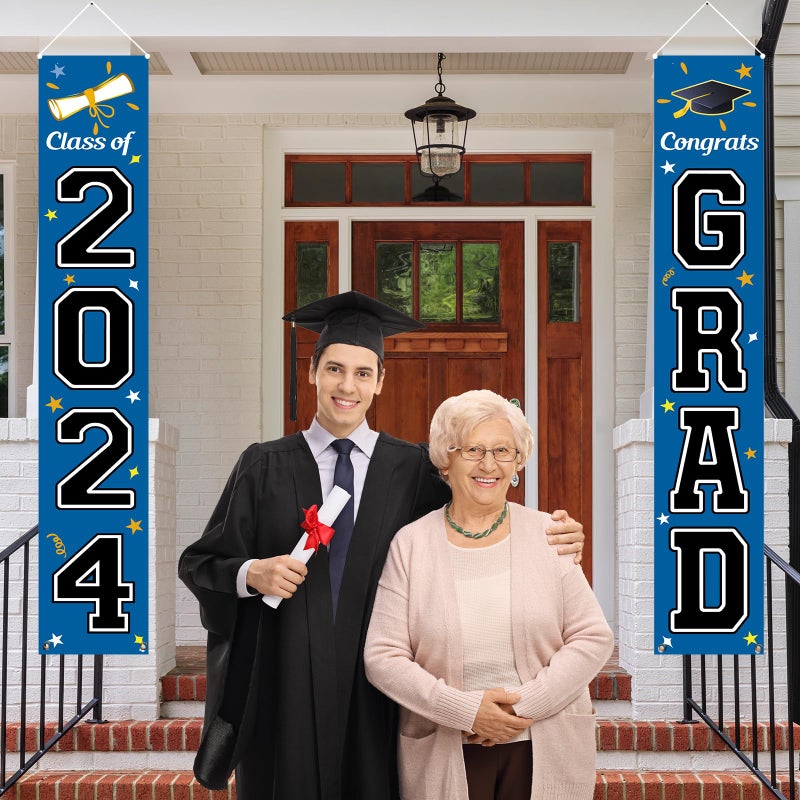 KMUYSL Graduation Decorations Class of 2024  Graduation Party Decorations 2024  Blue & Black Congrats Grad Banner Hanging Flags Porch Sign for Any School Indoor/Outdoor Decor - Image 4