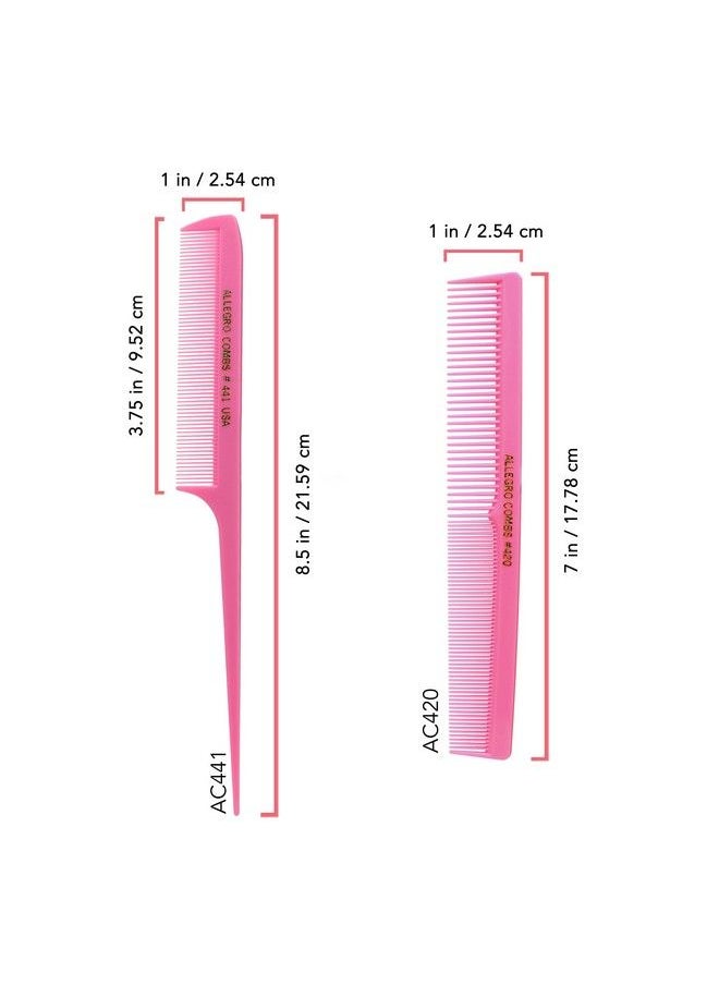 Allegro Combs Rat Rail And Barber Comb Stylist Combs Set Rattail Styling Parting Comb Hair Stylist Tail Comb Men Combs Women Combs Kids Comb Fresh Color 2 Pc. (Fresh Pink)  - Image 3