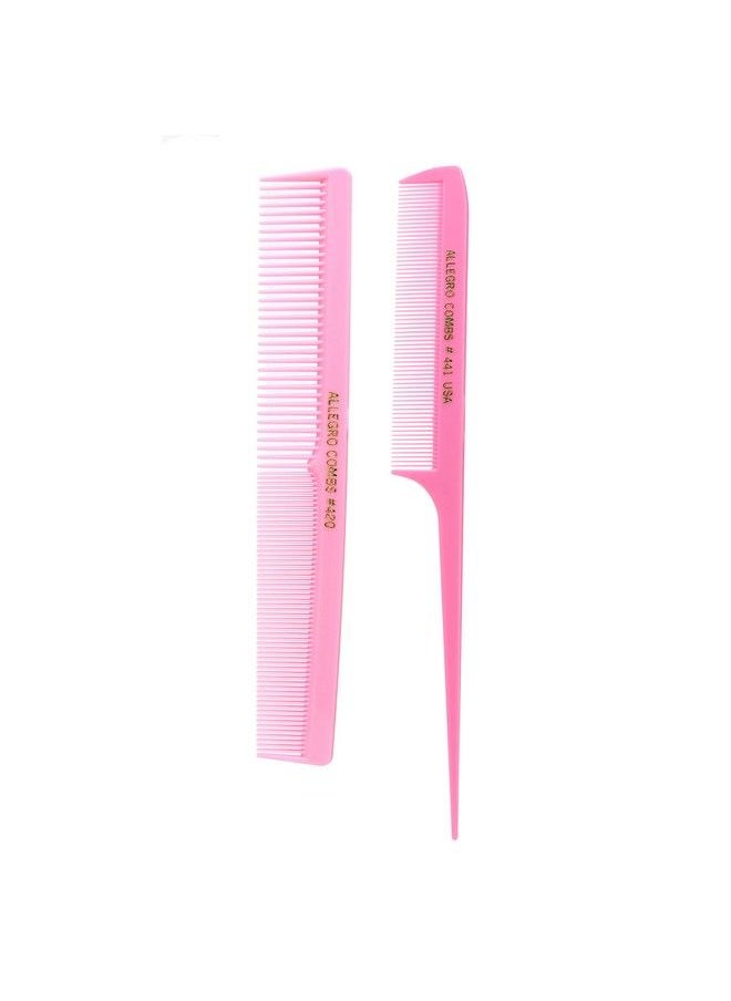 Allegro Combs Rat Rail And Barber Comb Stylist Combs Set Rattail Styling Parting Comb Hair Stylist Tail Comb Men Combs Women Combs Kids Comb Fresh Color 2 Pc. (Fresh Pink)  - Image 1