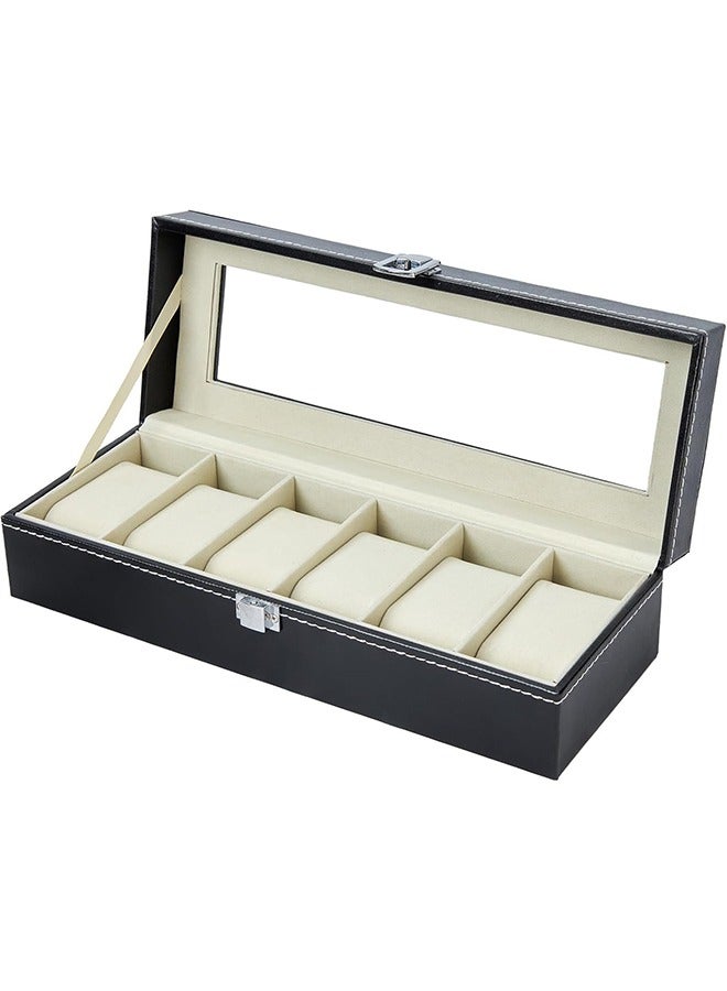 رولستيمي ساعة حافظة 6-فتحة بو الجلود ساعة تخزين غطاء زجاجي حقيقي ساعة مجوهرات حامل لينة المخملية ساعة عرض حالة للرجال النساء - Image 1