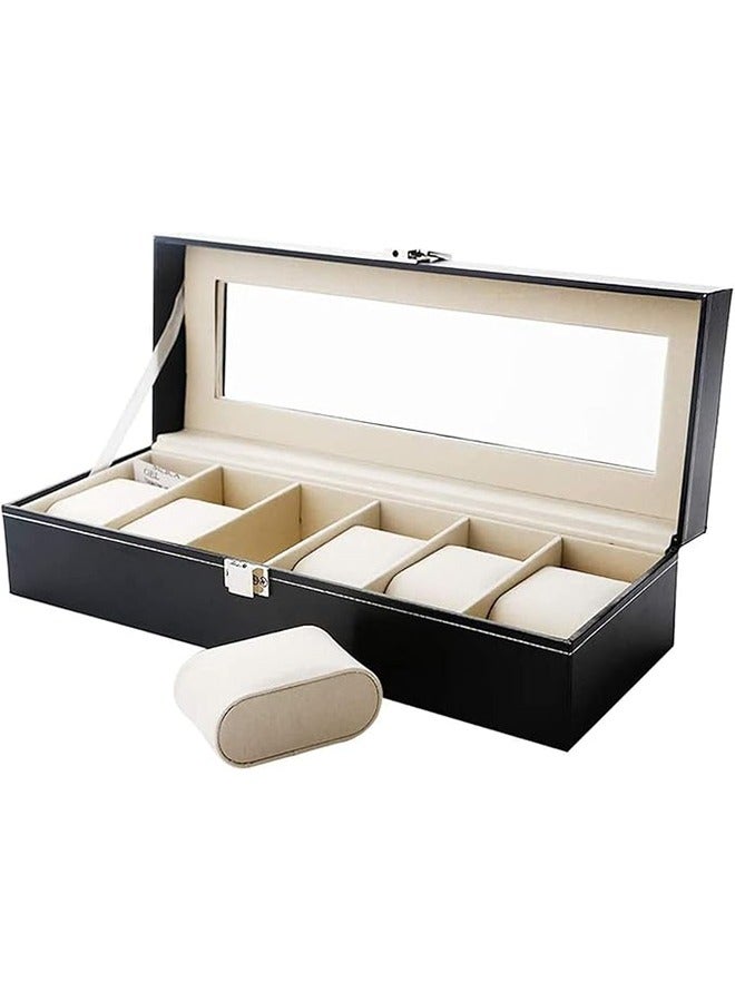 رولستيمي ساعة حافظة 6-فتحة بو الجلود ساعة تخزين غطاء زجاجي حقيقي ساعة مجوهرات حامل لينة المخملية ساعة عرض حالة للرجال النساء - Image 2