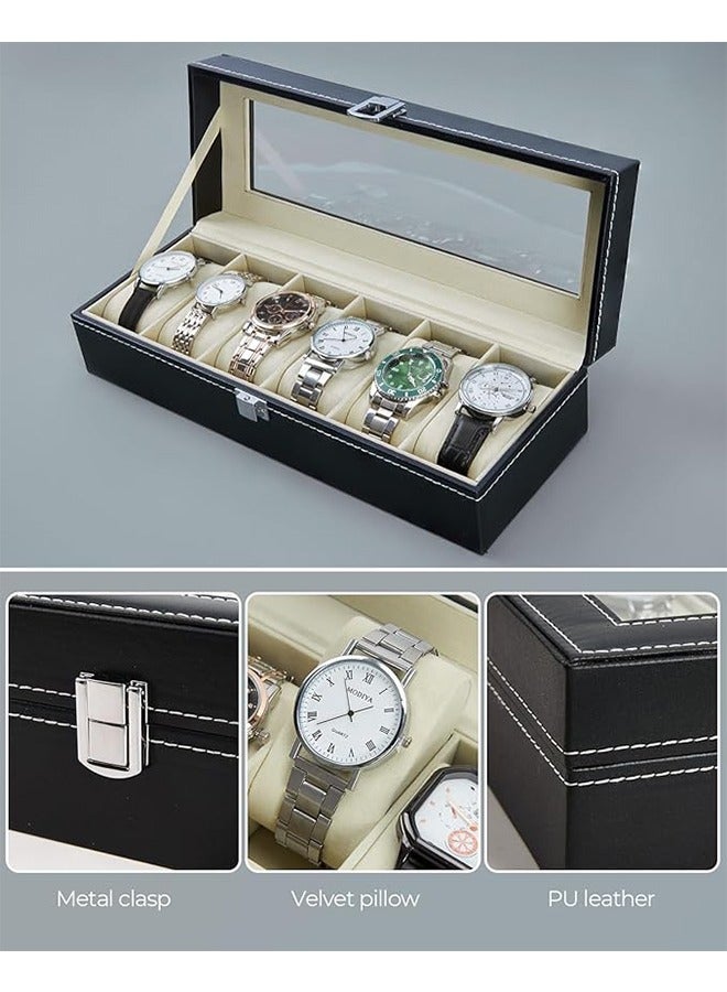 رولستيمي ساعة حافظة 6-فتحة بو الجلود ساعة تخزين غطاء زجاجي حقيقي ساعة مجوهرات حامل لينة المخملية ساعة عرض حالة للرجال النساء - Image 4