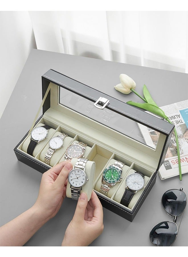 رولستيمي ساعة حافظة 6-فتحة بو الجلود ساعة تخزين غطاء زجاجي حقيقي ساعة مجوهرات حامل لينة المخملية ساعة عرض حالة للرجال النساء - Image 3