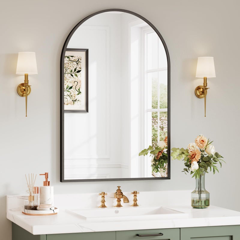 Dripex 50 x 75cm Arched Mirror Arched Wall Mounted Mirror Home Decorative Bathroom Bedroom Living Room Dressing Black