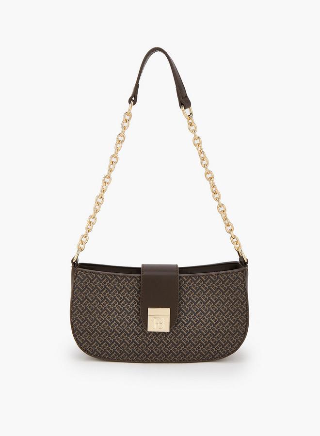 Monogram Print Shoulder Bag With Magnetic Snap Closure