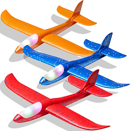 Tivcck 3 Pack LED Foam Airplane Toys 175 Large Throwing Foam Plane 2 Flight Mode Glider Flying Toy for Kids Ages 3 - Image 1