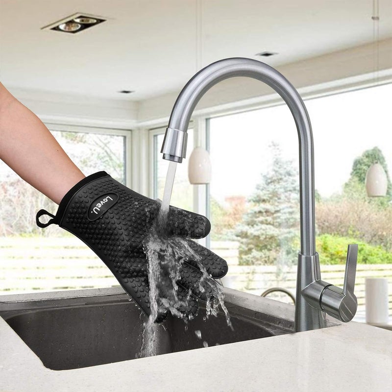 Loveuing Kitchen Oven Gloves - Silicone and Cotton Double-Layer Heat Resistant Oven Mitts/BBQ Gloves/Grill Gloves - Perfect for Baking and Grilling - 1 Pair (Small, Black) - Image 4