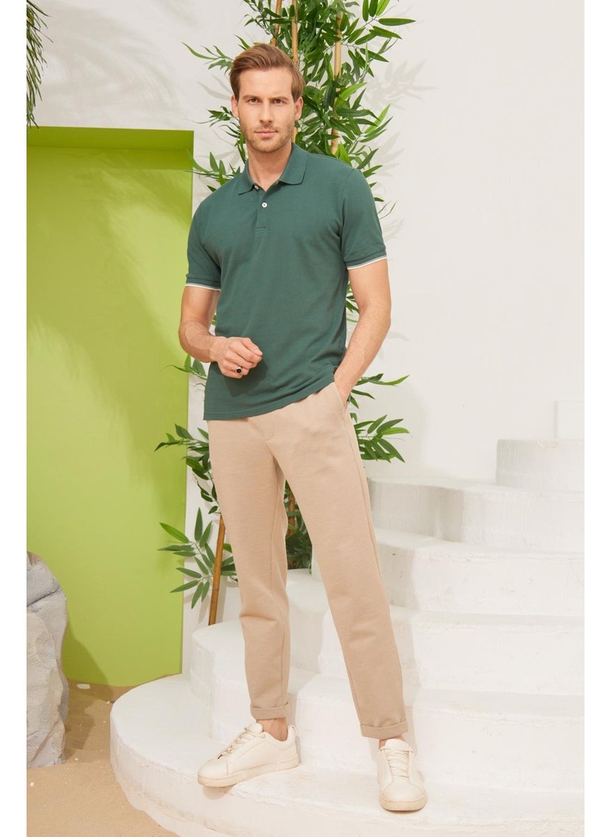 Odelon Men's Interstitial Collar Detailed Cotton Polo Neck T-Shirt Khaki  - Image 2