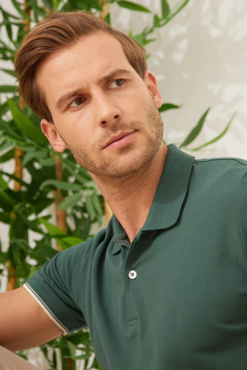 اوديلون Men's Interstitial Collar Detailed Cotton Polo Neck T-Shirt Khaki