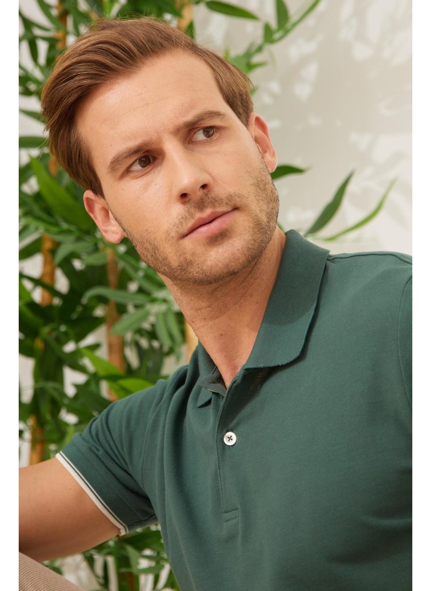 Odelon Men's Interstitial Collar Detailed Cotton Polo Neck T-Shirt Khaki  - Image 5
