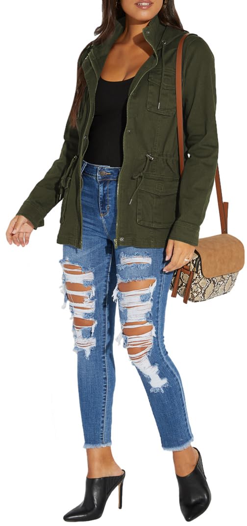 sexycherry Casual Army Green jacket for women Long Sleeve Hooded Outwear Coat With Zipper Button Pockets Drawstrings(Medium) - Image 3