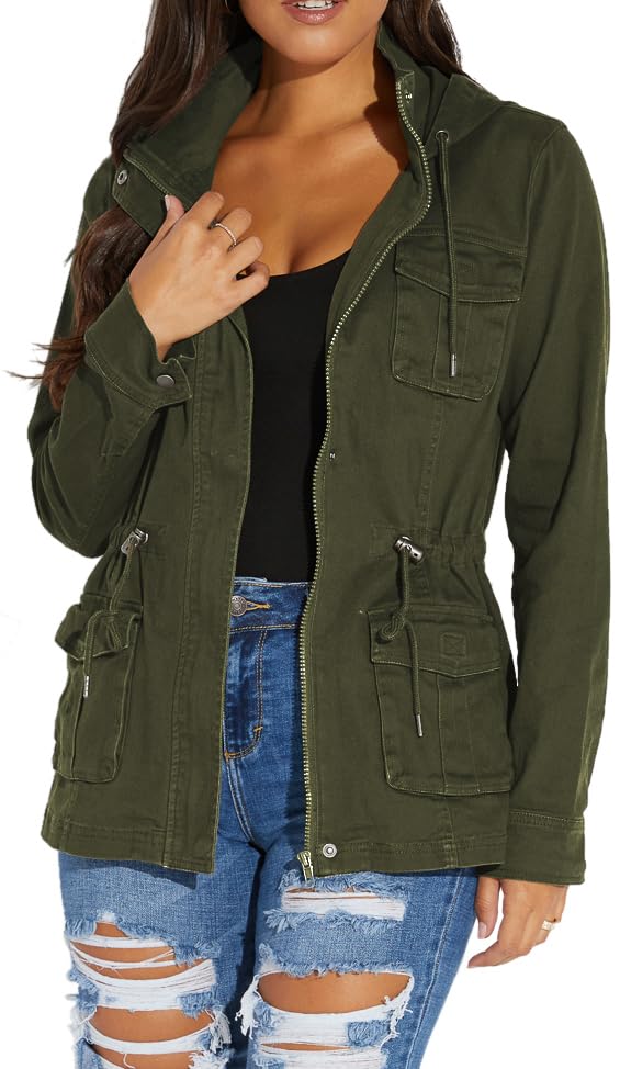sexycherry Casual Army Green jacket for women Long Sleeve Hooded Outwear Coat With Zipper Button Pockets Drawstrings(Medium) - Image 1
