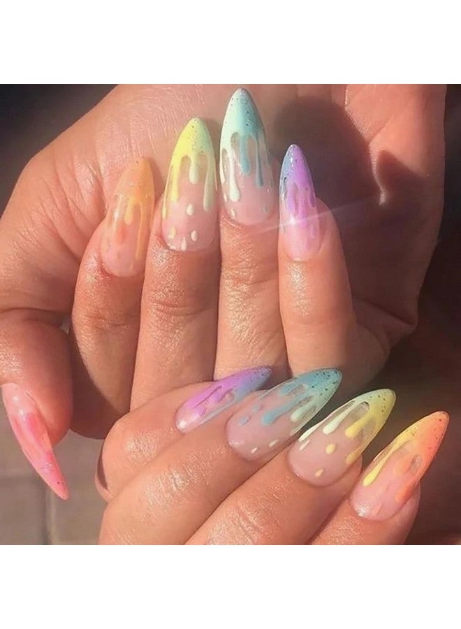 Press On Nails Long Stiletto Fake Nails Glossy Glue On Nails Colorful French Tip Acrylic Nails Almond Artificial Nails Rainbow Fire Stick On False Nails With Design 24 Pcs