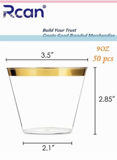 Rcan 50 Pcs/set Gold Upscale Elegant Wedding Dining Party Disposable Plastic Clear Cup Set, 9 OZ Transparent Gold Rimmed Cups(50 Guest)  - Image 5