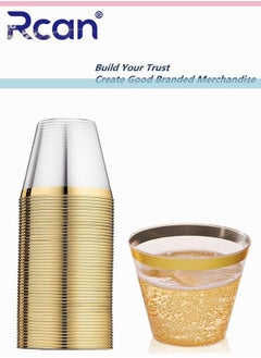 Rcan 50 Pcs/set Gold Upscale Elegant Wedding Dining Party Disposable Plastic Clear Cup Set, 9 OZ Transparent Gold Rimmed Cups(50 Guest)  - Image 1