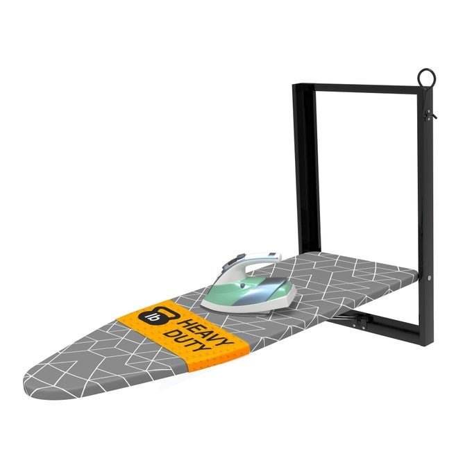 WALL MOUNTED IRONING BOARD 362 X 122 COMPACT MOUNT FOLD DOWN IRON BOARD FOR SMALL SPACES SPACE SAVING WITH COTTON FABRIC COVER BLACK AND GREY