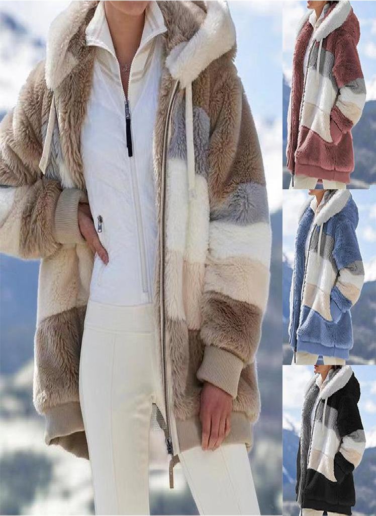 Eckek - Women's Autumn and Winter Warm Loose Plush Multicolor Hooded Jacket - Image 1