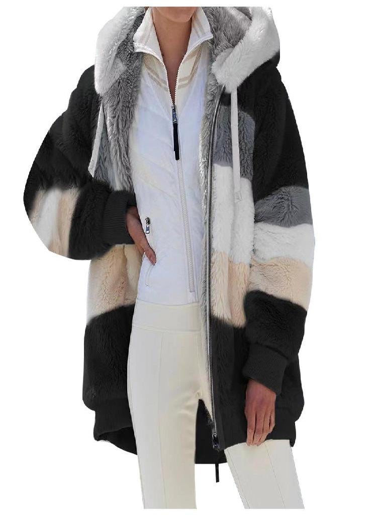 Eckek - Women's Autumn and Winter Warm Loose Plush Multicolor Hooded Jacket - Image 1
