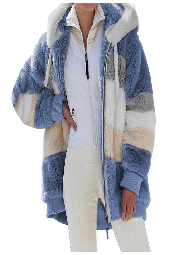 Eckek - Women's Autumn and Winter Warm Loose Plush Multicolor Hooded Jacket - Image 1