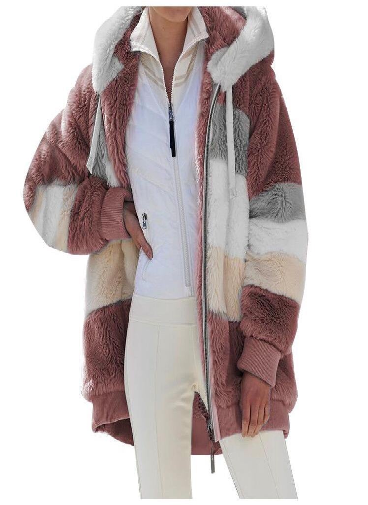 Eckek - Women's Autumn and Winter Warm Loose Plush Multicolor Hooded Jacket - Image 1
