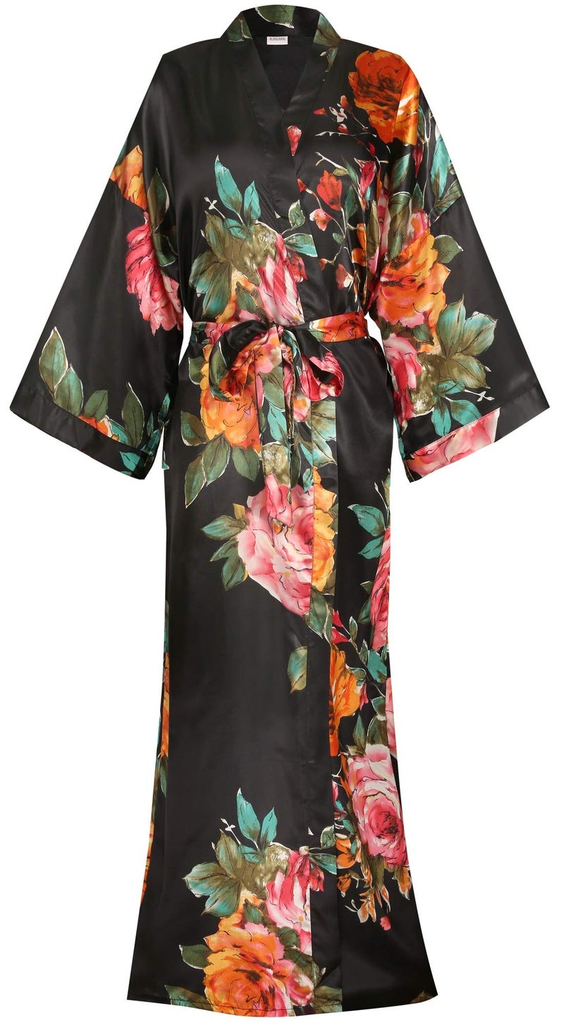 goodmansam Women's Long Floral Satin Kimono Robes Bridal Dressing Gown Wedding Bridesmaid Nightgown - Image 1