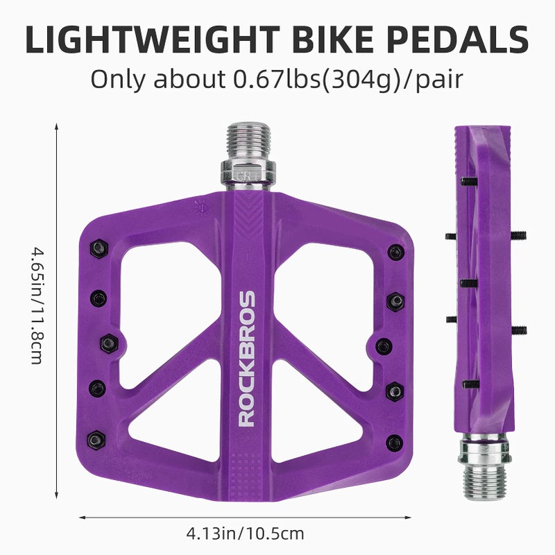 Rockbros Rock BROS Mountain Bike Pedals MTB Pedals Lightweight Nylon Composite Bicycle Flat Pedals 9/16" DU Bearing Bike Platform Pedals for BMX MTB Mountain Road Bike (Purple) - Image 4