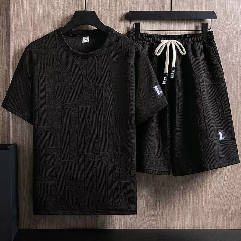 Summer T-Shirt Short-Sleeved Two-Piece Suit Men'S Breathable Waffle Jacquard Suit Trendy Casual Sports Men - Image 3