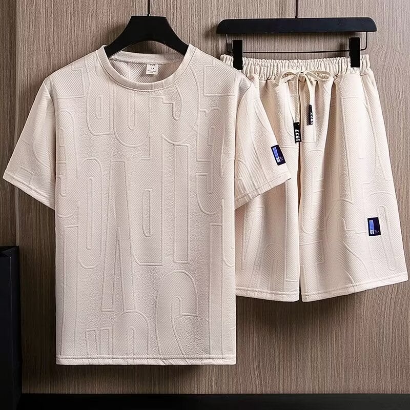 Summer T-Shirt Short-Sleeved Two-Piece Suit Men'S Breathable Waffle Jacquard Suit Trendy Casual Sports Men - Image 4