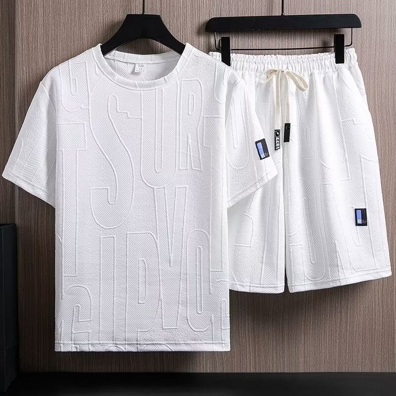 Summer T-Shirt Short-Sleeved Two-Piece Suit Men'S Breathable Waffle Jacquard Suit Trendy Casual Sports Men - Image 2