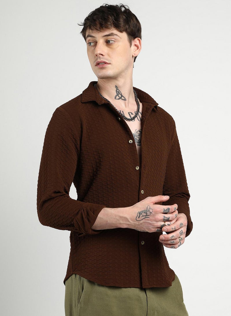 Campus Sutra Men's Chocolate Brown Ripple Box Shirt - Image 3