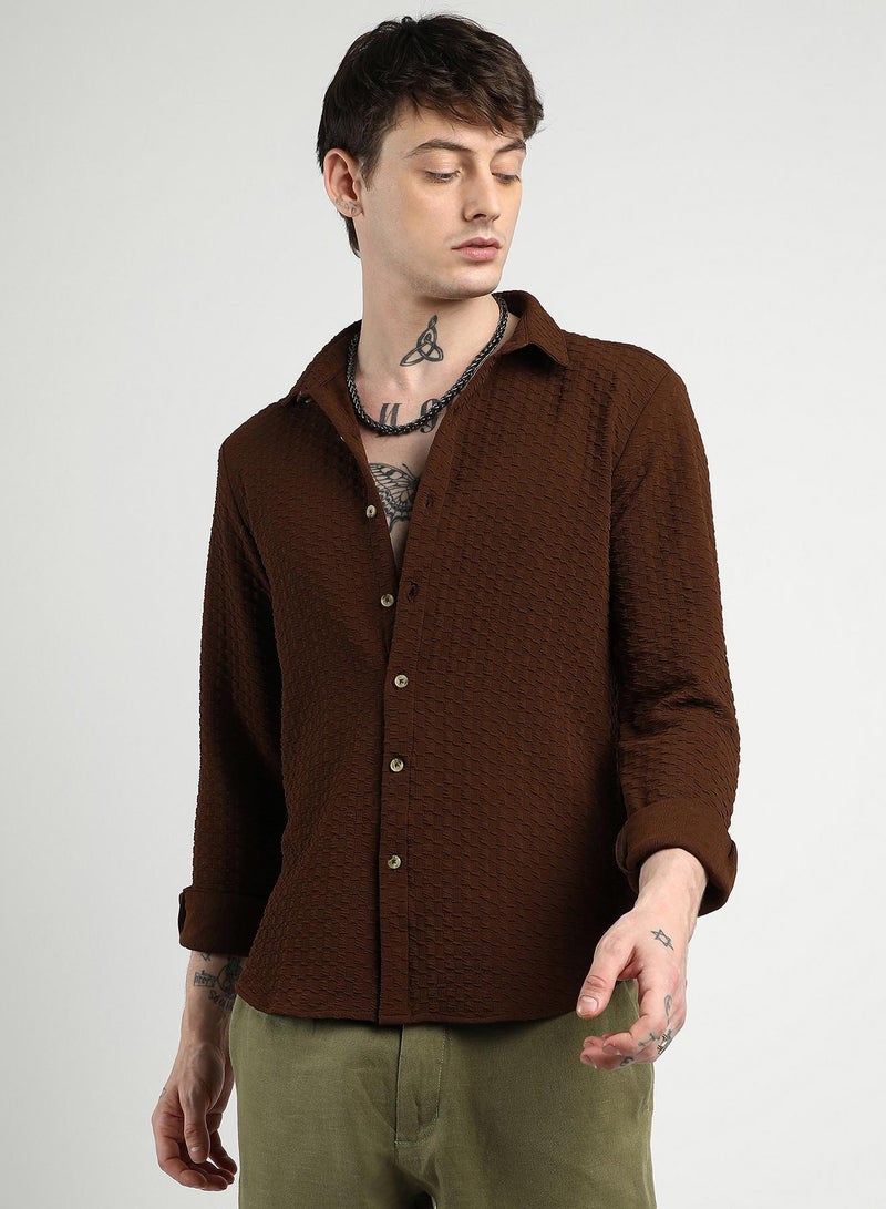 Campus Sutra Men's Chocolate Brown Ripple Box Shirt - Image 1