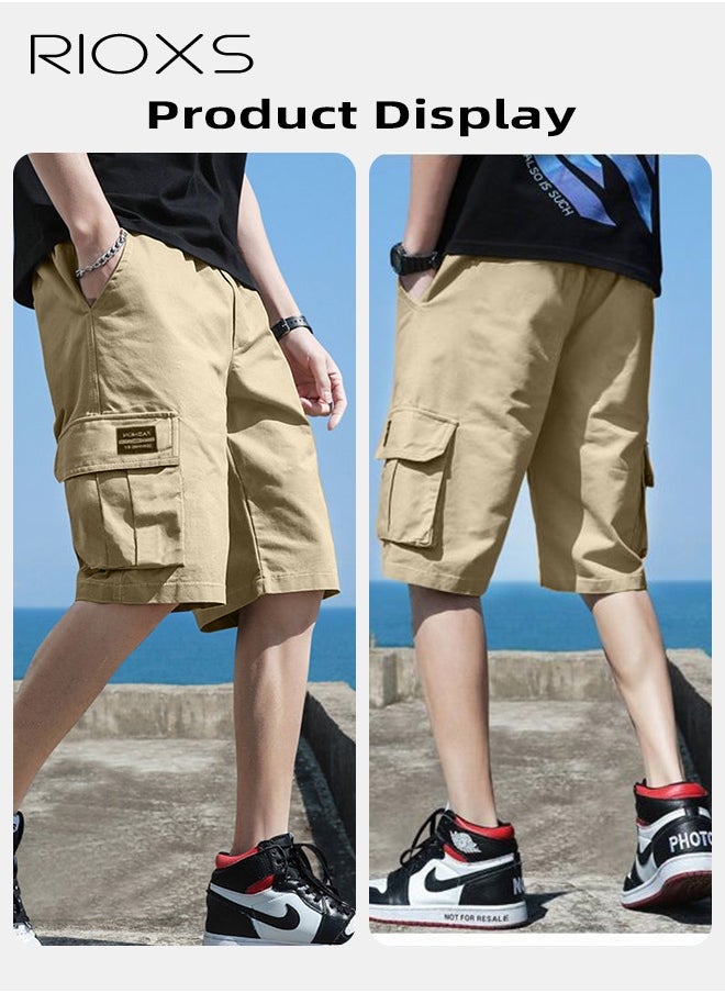 RIOXS Men's Cargo Shorts,  Khaki Outdoor Quick-Drying Sports Shorts, Elastic Waistband Drawstring Shorts, Casual Loose Cargo Short Pants For Men, Big Tall Relaxed Fit Work Shorts, Stretch Shorts With Multiple Large Pockets, Outdoor Work Shorts  - Image 2