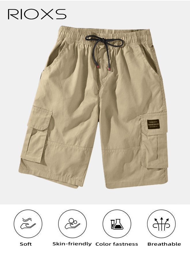 RIOXS Men's Cargo Shorts,  Khaki Outdoor Quick-Drying Sports Shorts, Elastic Waistband Drawstring Shorts, Casual Loose Cargo Short Pants For Men, Big Tall Relaxed Fit Work Shorts, Stretch Shorts With Multiple Large Pockets, Outdoor Work Shorts  - Image 4
