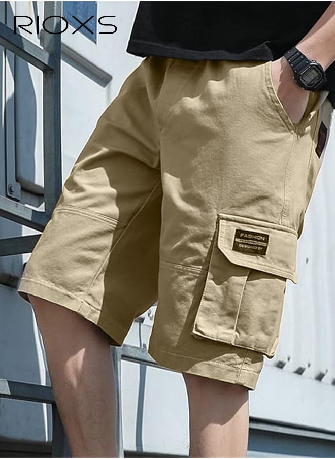 RIOXS Men's Cargo Shorts,  Khaki Outdoor Quick-Drying Sports Shorts, Elastic Waistband Drawstring Shorts, Casual Loose Cargo Short Pants For Men, Big Tall Relaxed Fit Work Shorts, Stretch Shorts With Multiple Large Pockets, Outdoor Work Shorts  - Image 3