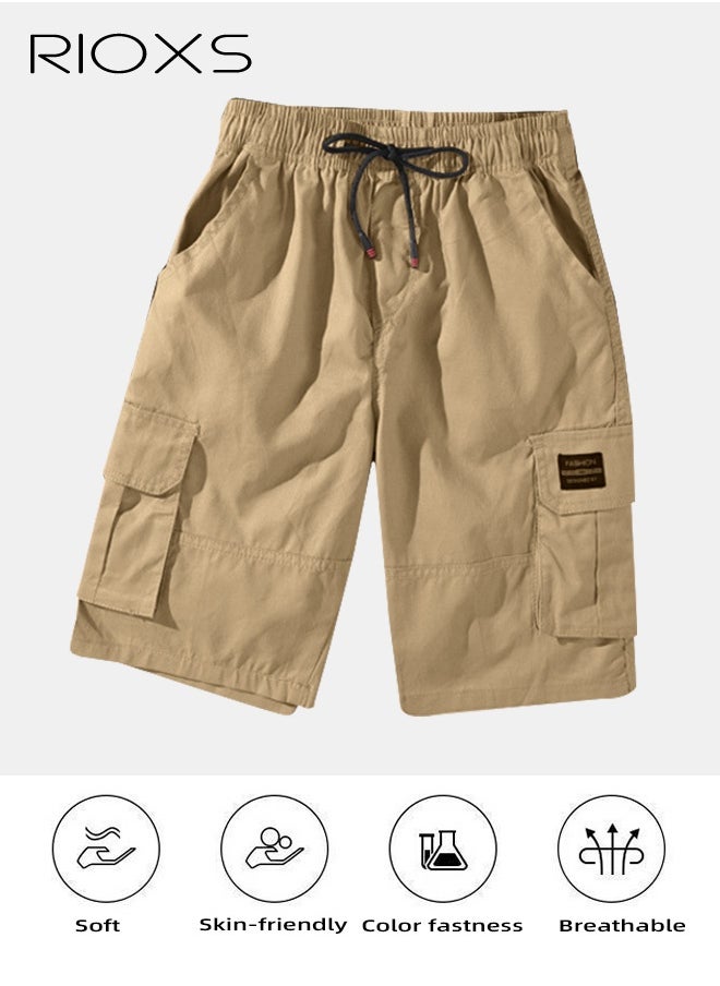 RIOXS Men's Cargo Shorts,  Khaki Outdoor Quick-Drying Sports Shorts, Elastic Waistband Drawstring Shorts, Casual Loose Cargo Short Pants For Men, Big Tall Relaxed Fit Work Shorts, Stretch Shorts With Multiple Large Pockets, Outdoor Work Shorts  - Image 4