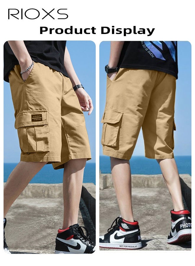 RIOXS Men's Cargo Shorts, Outdoor Quick-Drying Wide Leg Sports Shorts, Loose Fit Elastic Waistband Drawstring Shorts for Men, Summer Casual Loose Cargo Short Pants with Multiple Large Pockets, Stretch Lightweight Shorts for Golf, Fishing, Hiking, Jogging, Workout and More, Khaki - Image 3