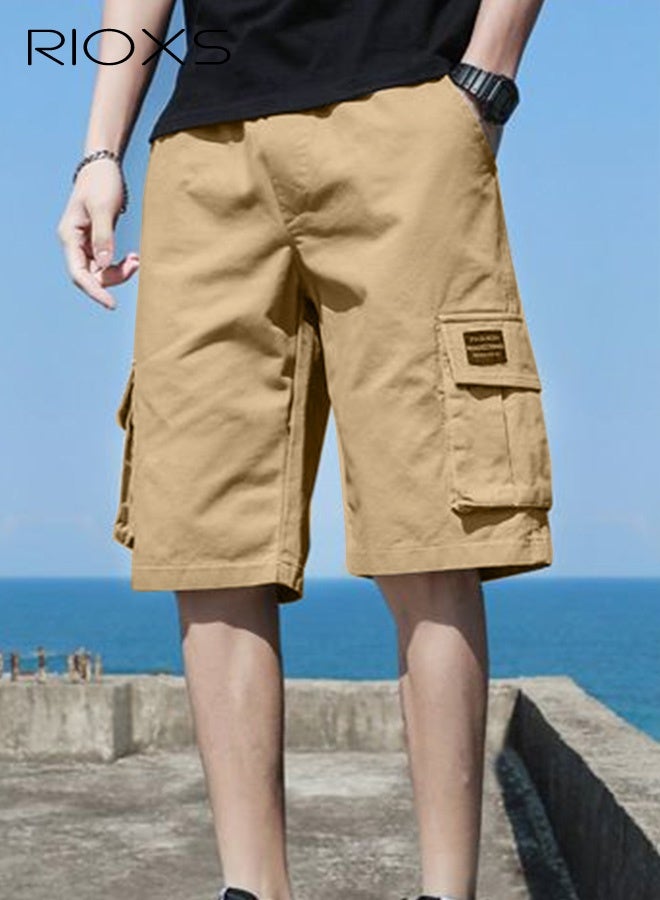 RIOXS Men's Cargo Shorts, Outdoor Quick-Drying Wide Leg Sports Shorts, Loose Fit Elastic Waistband Drawstring Shorts for Men, Summer Casual Loose Cargo Short Pants with Multiple Large Pockets, Stretch Lightweight Shorts for Golf, Fishing, Hiking, Jogging, Workout and More, Khaki - Image 1