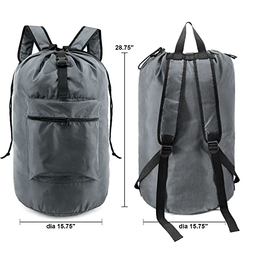 BeeGreen Gray Laundry Backpack w Adjustable Shoulder Straps & Drawstring College Dorm Room Essentials w Handle for Travel Trip Lightweight Durable Laundry Bag Hamper Portable - Image 2