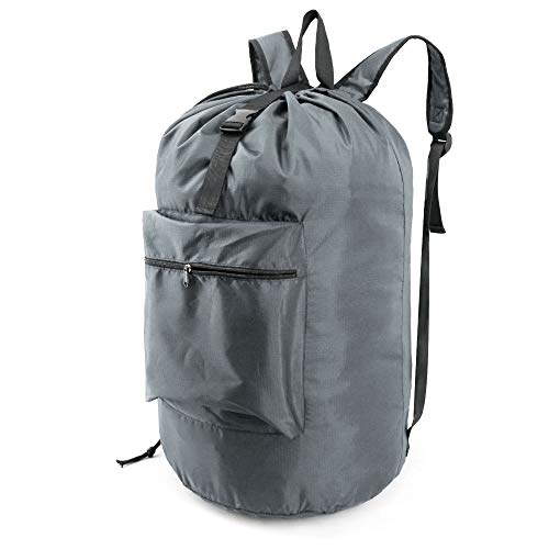 BeeGreen Gray Laundry Backpack w Adjustable Shoulder Straps & Drawstring College Dorm Room Essentials w Handle for Travel Trip Lightweight Durable Laundry Bag Hamper Portable - Image 1