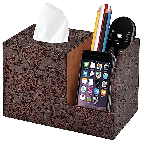 XNONE PU Leather Tissue Box Cover Square Tissue Holder Tissues Box Organizer with 2 Compartment,Remote Control Holder,Multifunctional Decorative Tissue Box Covers Cube,Home Office Desktop Storage Box,Retro - Image 1