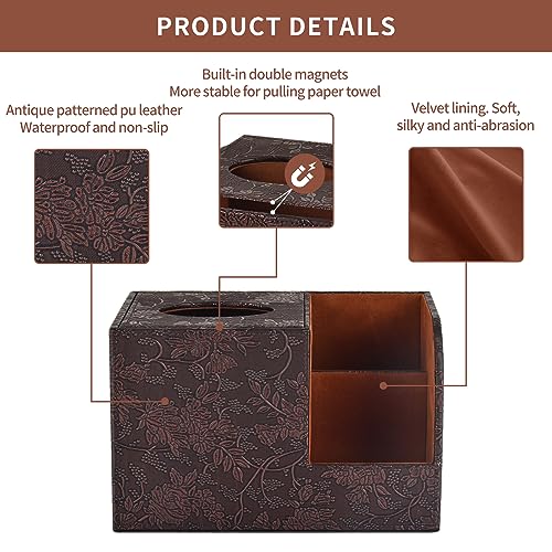 XNONE PU Leather Tissue Box Cover Square Tissue Holder Tissues Box Organizer with 2 Compartment,Remote Control Holder,Multifunctional Decorative Tissue Box Covers Cube,Home Office Desktop Storage Box,Retro - Image 5