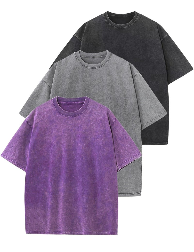 Arssm 3 Pack Men Oversized T Shirts Vintage Tee Loose Fit Short Sleeve Casual Streetwear Baggy Washed Unisex TopsBlackGreyPurpleL - Image 2