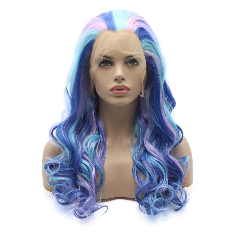 Lushy Lushy Long 24inch Wavy Three Tone Mix Blue and Purple and Pink Wig Heavy Density Heat Resistant Realistic Synthetic Lace Front Wigs 