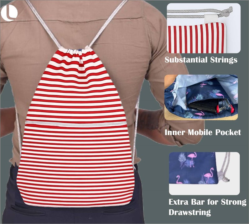 Lify Drawstring Backpack Water Resistant String Bag Sports Sackpack Gym Sack with Side Pocket for Men Women - 1Piece (Red and White Stripes) - Image 3
