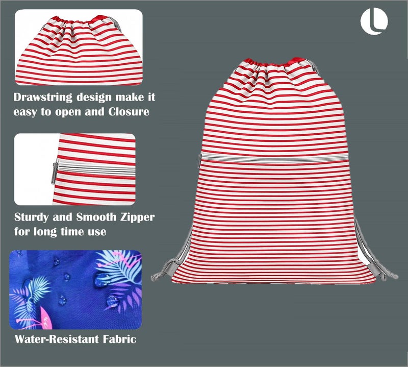 Lify Drawstring Backpack Water Resistant String Bag Sports Sackpack Gym Sack with Side Pocket for Men Women - 1Piece (Red and White Stripes) - Image 4